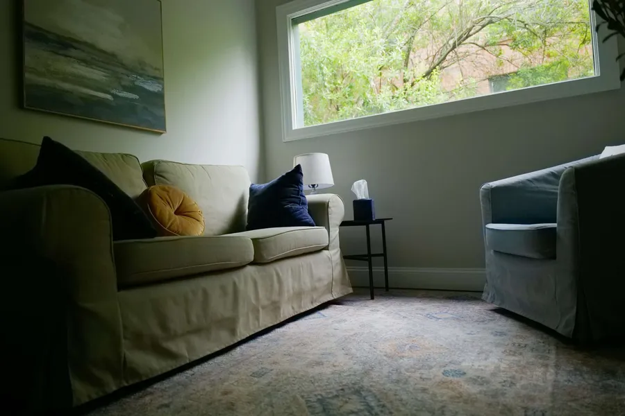Couch in the office of a counselor at Wellspring